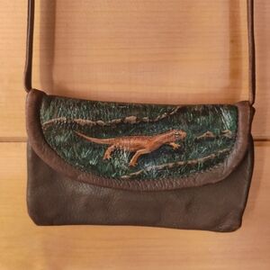Upcycle Hand Painted Art Newt Red Eft Salamander Leather Crossbody Mini Bag OOAK